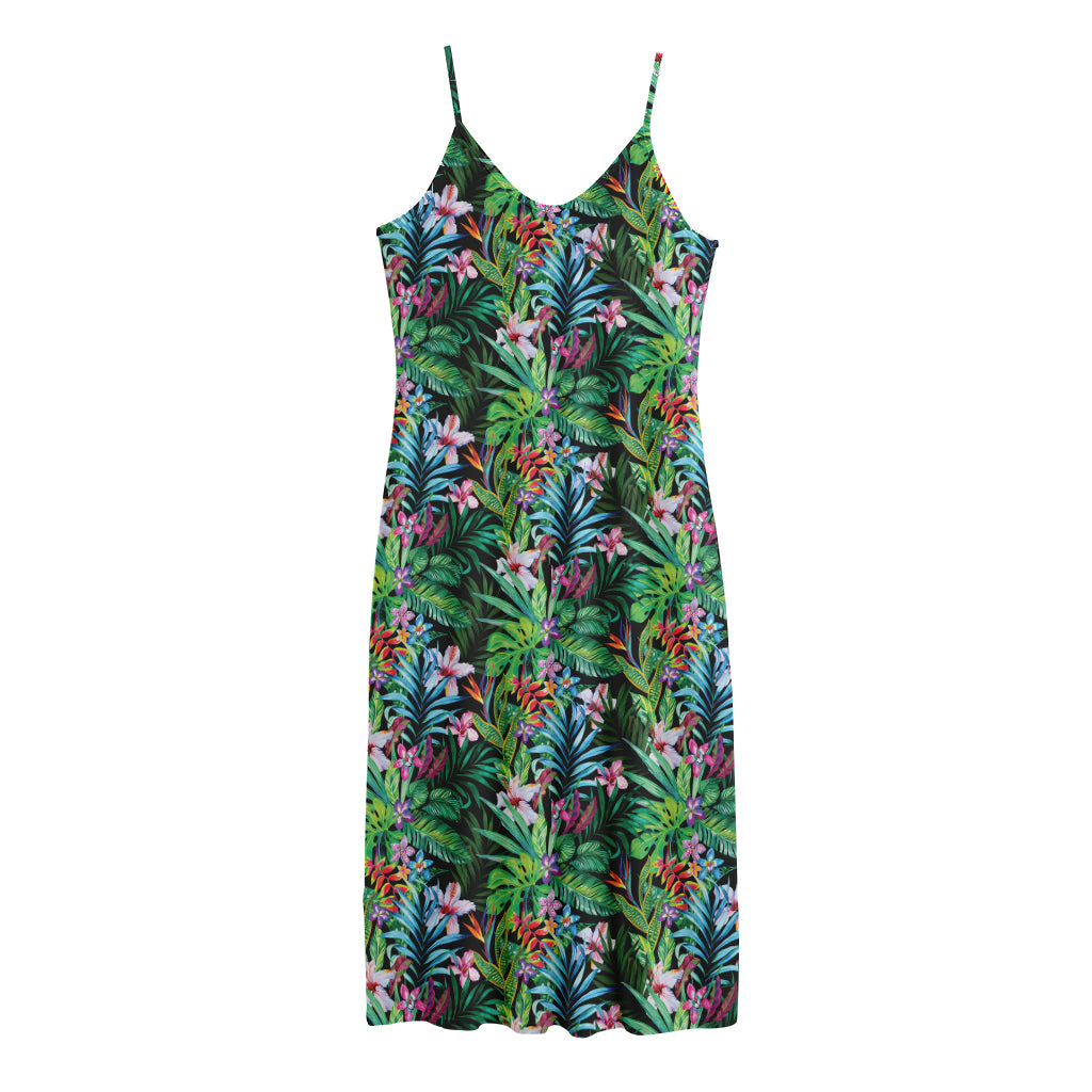 Tropical Palm And Hibiscus Print Jersey Midi Cami Dress