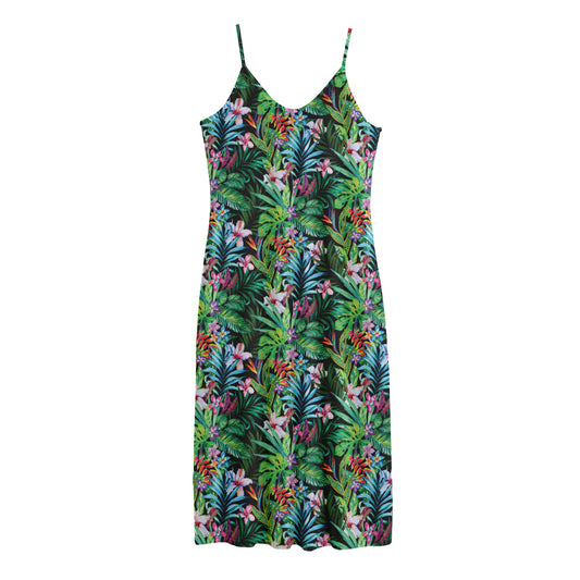 Tropical Palm And Hibiscus Print Jersey Midi Cami Dress