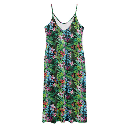 Tropical Palm And Hibiscus Print Jersey Midi Cami Dress