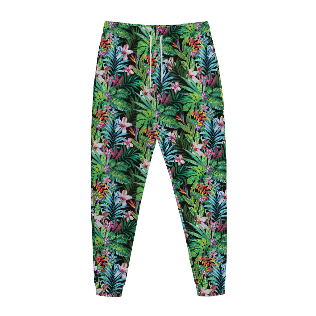 Tropical Palm And Hibiscus Print Jogger Pants