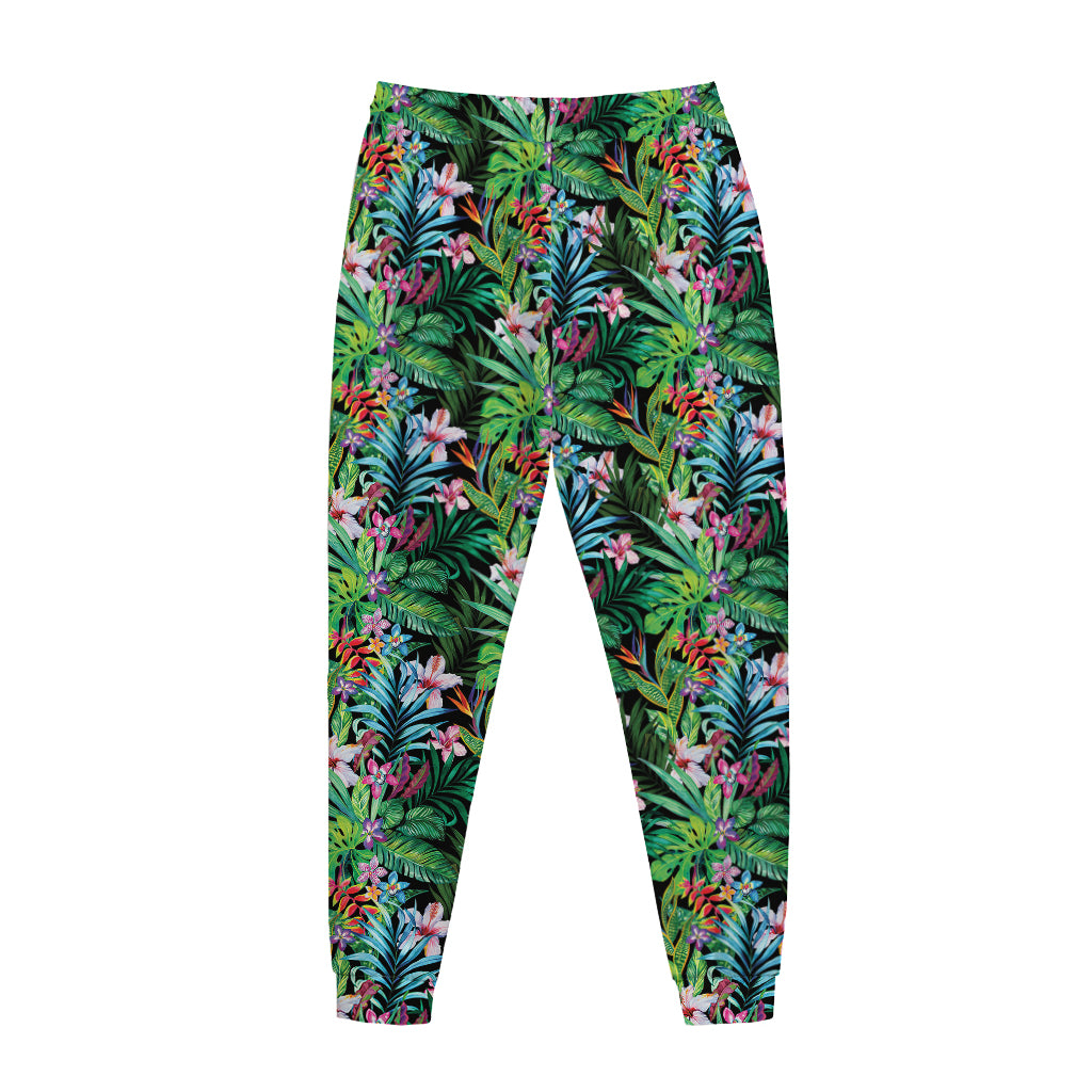 Tropical Palm And Hibiscus Print Jogger Pants