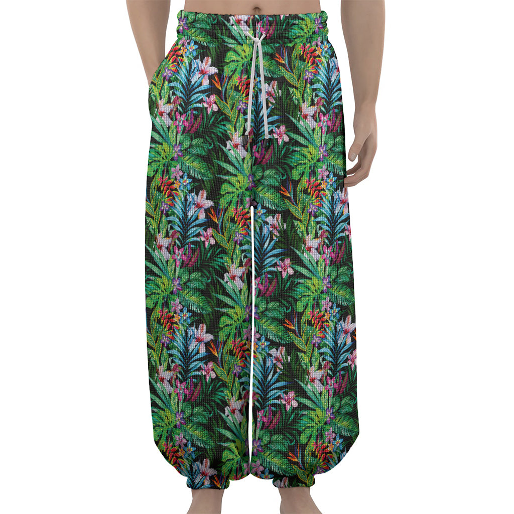 Tropical Palm And Hibiscus Print Lantern Pants