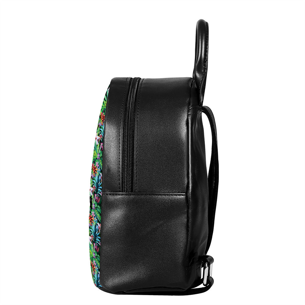 Tropical Palm And Hibiscus Print Leather Backpack