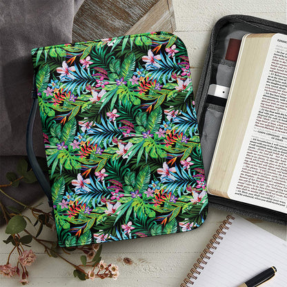 Tropical Palm And Hibiscus Print Leather Bible Cover