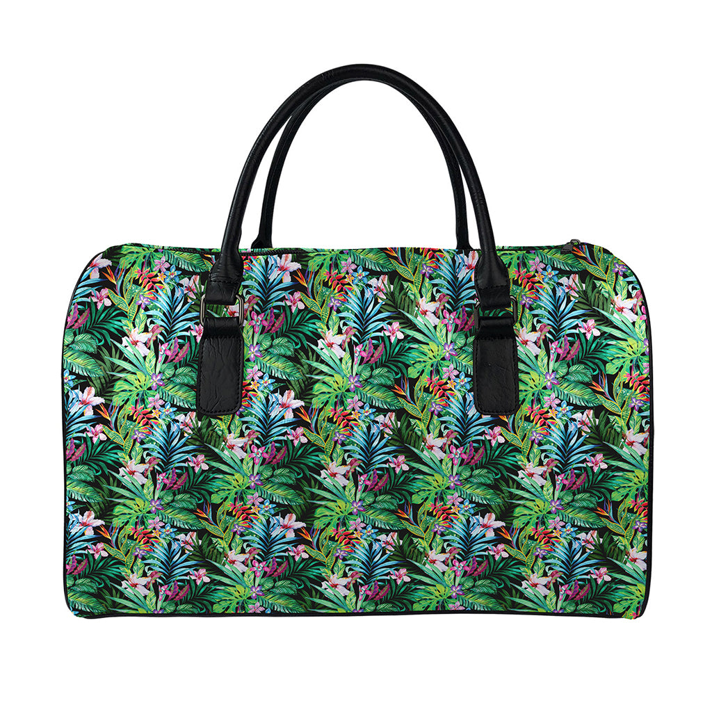 Tropical Palm And Hibiscus Print Leather Duffle Bag
