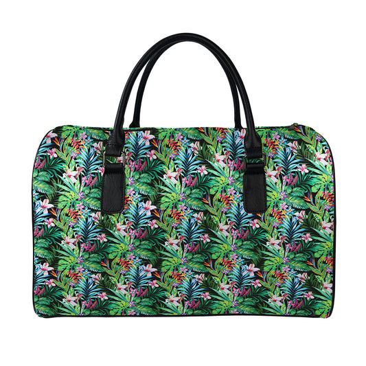 Tropical Palm And Hibiscus Print Leather Duffle Bag