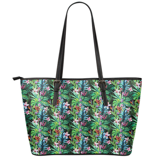 Tropical Palm And Hibiscus Print Leather Tote Bag