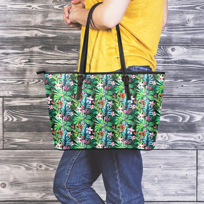 Tropical Palm And Hibiscus Print Leather Tote Bag