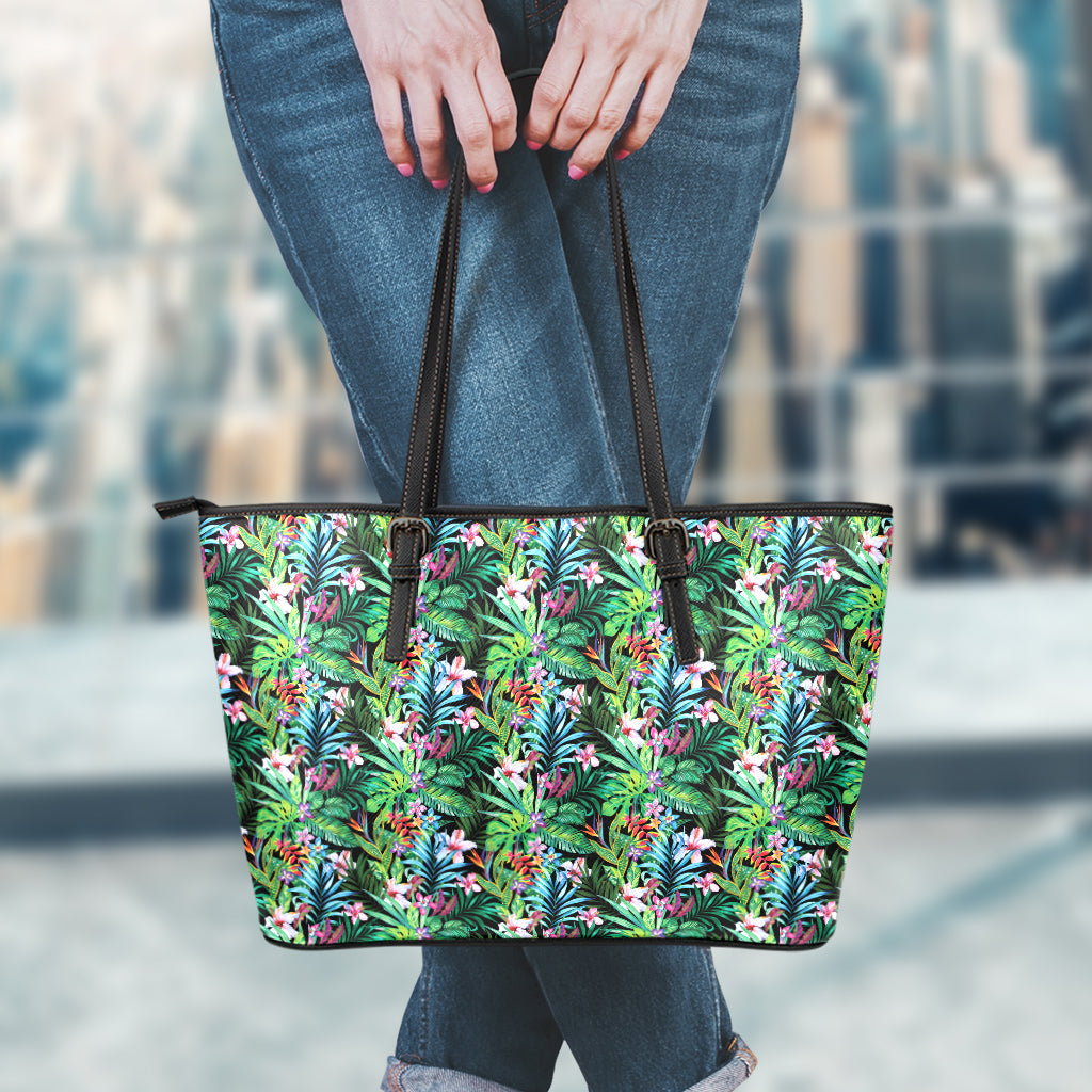 Tropical Palm And Hibiscus Print Leather Tote Bag
