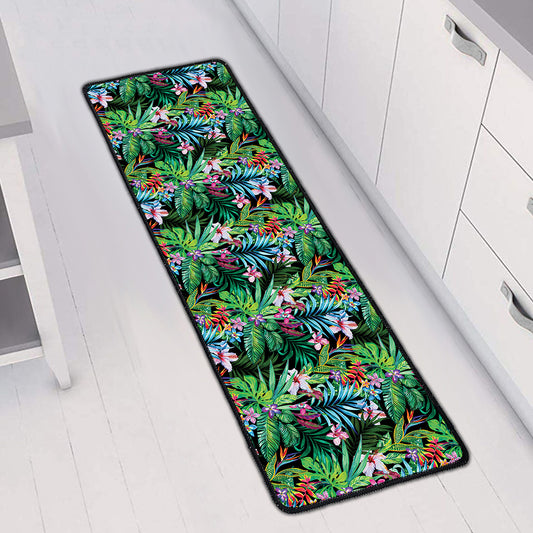Tropical Palm And Hibiscus Print Long Kitchen Mat