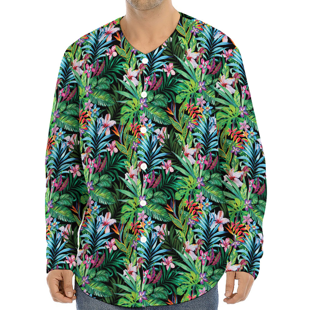 Tropical Palm And Hibiscus Print Long Sleeve Baseball Jersey