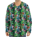 Tropical Palm And Hibiscus Print Long Sleeve Baseball Jersey