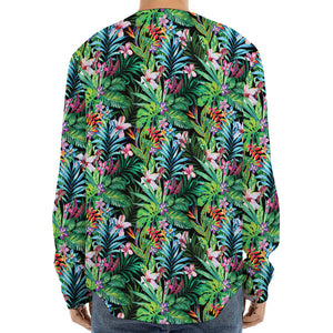 Tropical Palm And Hibiscus Print Long Sleeve Baseball Jersey