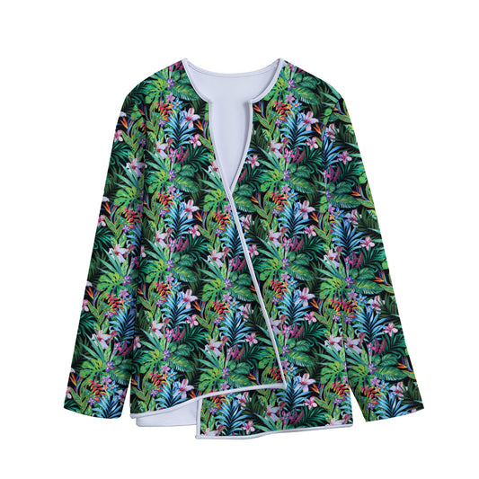 Tropical Palm And Hibiscus Print Long Sleeve Short Coat