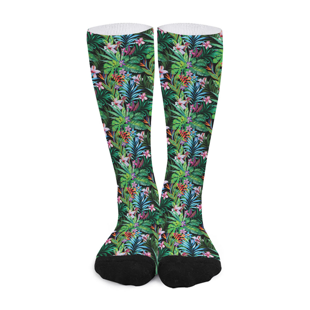 Tropical Palm And Hibiscus Print Long Socks