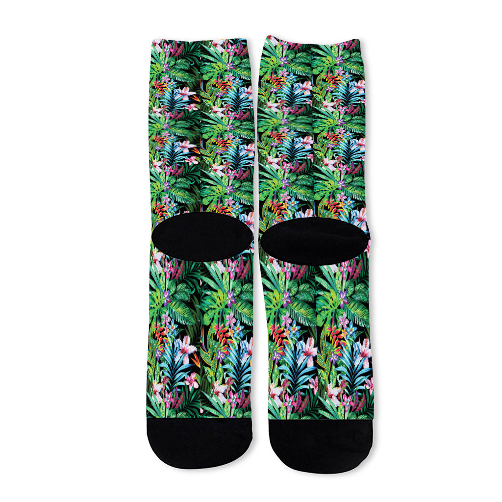 Tropical Palm And Hibiscus Print Long Socks