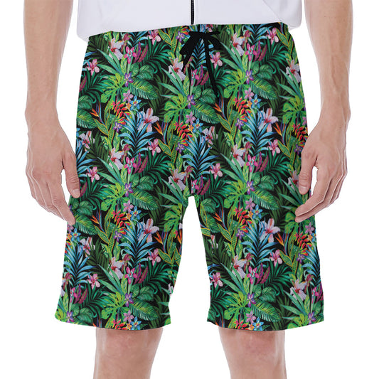 Tropical Palm And Hibiscus Print Men's Beach Shorts