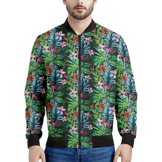 Tropical Palm And Hibiscus Print Men's Bomber Jacket
