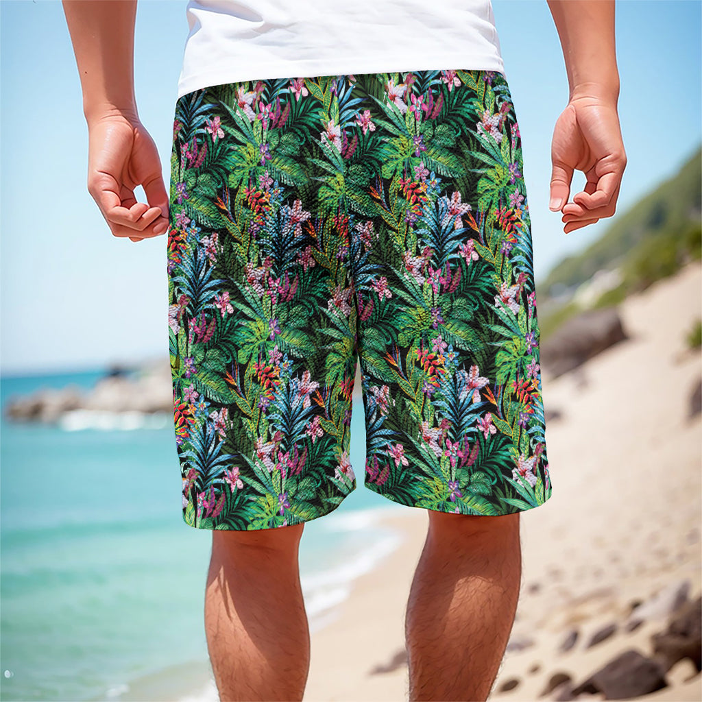 Tropical Palm And Hibiscus Print Men's Cargo Shorts