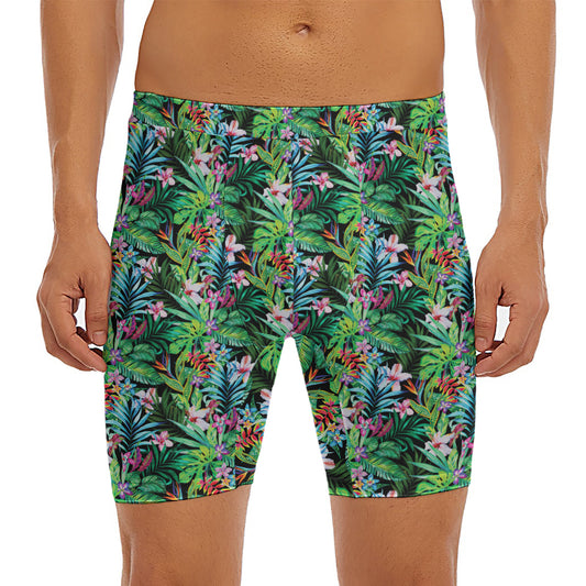 Tropical Palm And Hibiscus Print Men's Long Boxer Briefs