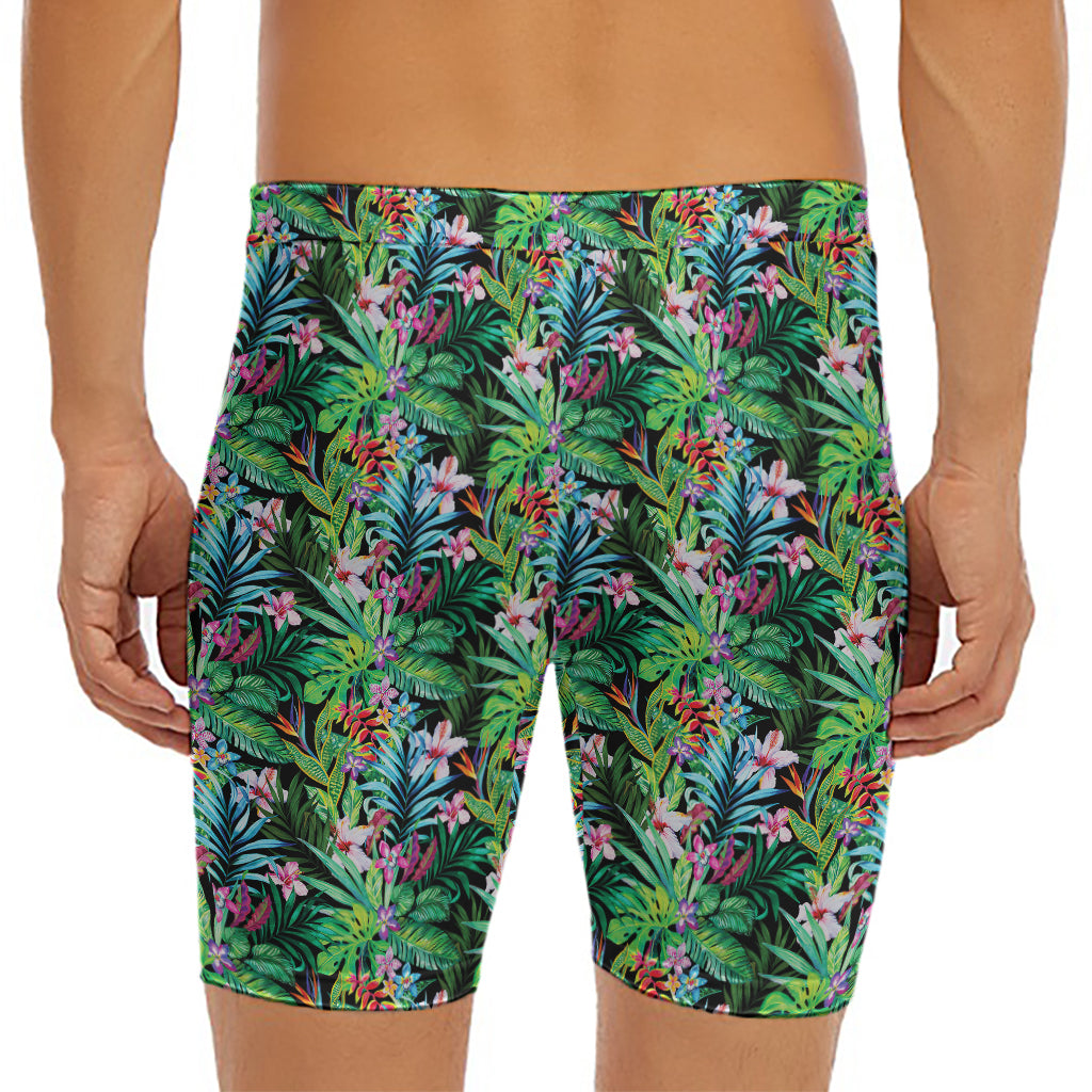 Tropical Palm And Hibiscus Print Men's Long Boxer Briefs