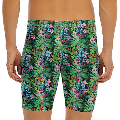 Tropical Palm And Hibiscus Print Men's Long Boxer Briefs