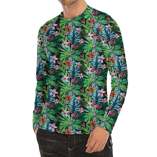 Tropical Palm And Hibiscus Print Men's Long Sleeve Rash Guard