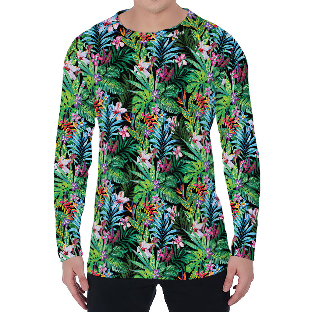 Tropical Palm And Hibiscus Print Men's Long Sleeve T-Shirt