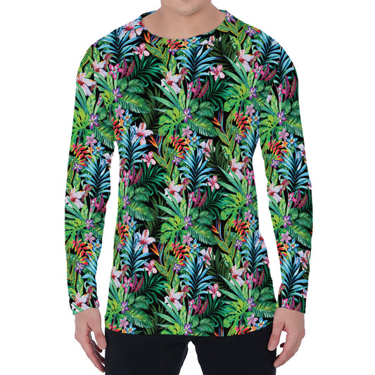 Tropical Palm And Hibiscus Print Men's Long Sleeve T-Shirt
