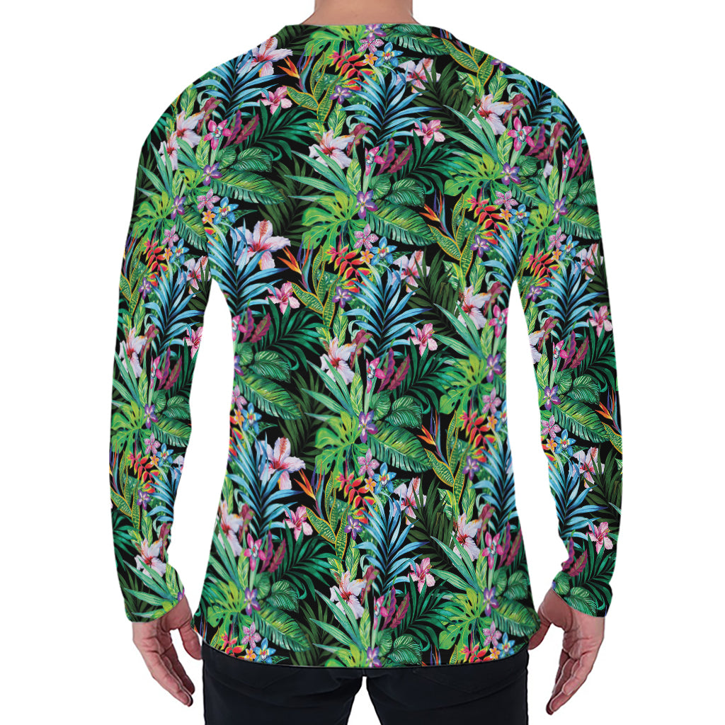 Tropical Palm And Hibiscus Print Men's Long Sleeve T-Shirt