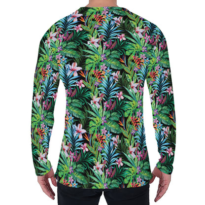 Tropical Palm And Hibiscus Print Men's Long Sleeve T-Shirt
