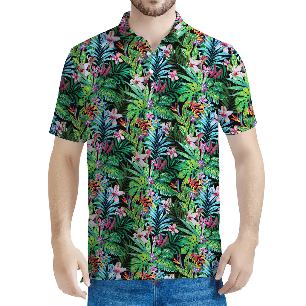 Tropical Palm And Hibiscus Print Men's Polo Shirt