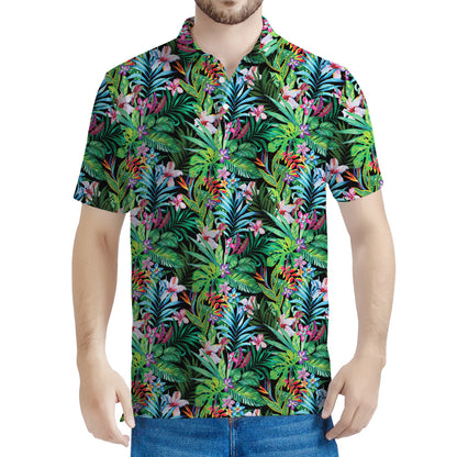 Tropical Palm And Hibiscus Print Men's Polo Shirt