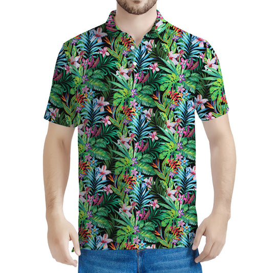 Tropical Palm And Hibiscus Print Men's Polo Shirt