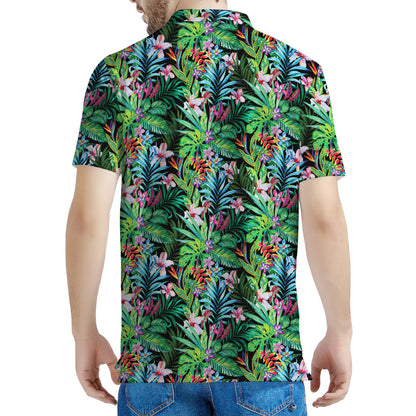Tropical Palm And Hibiscus Print Men's Polo Shirt