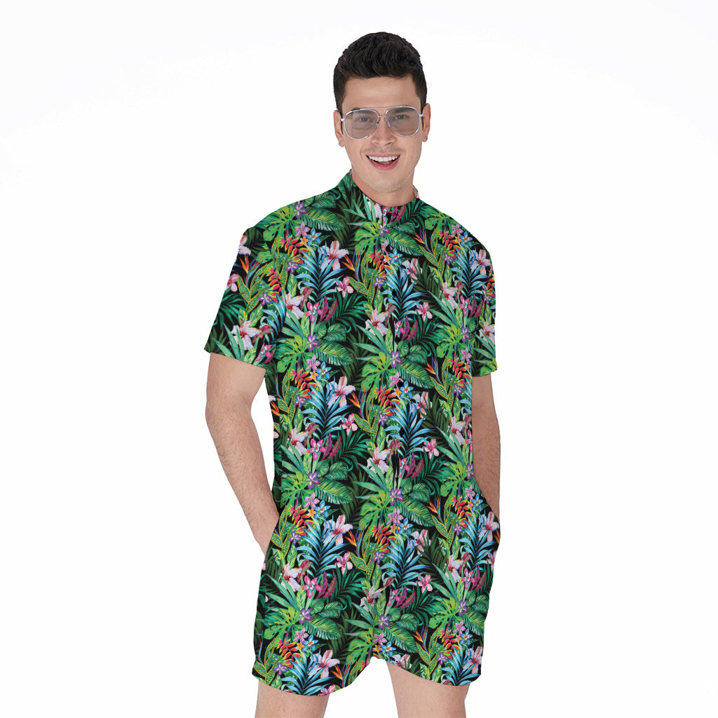 Tropical Palm And Hibiscus Print Men's Rompers