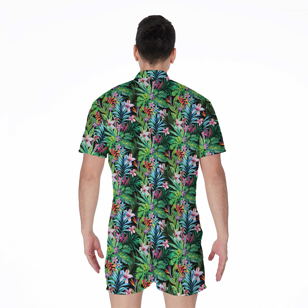 Tropical Palm And Hibiscus Print Men's Rompers
