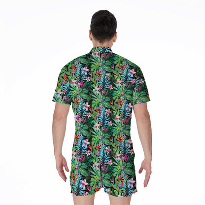 Tropical Palm And Hibiscus Print Men's Rompers