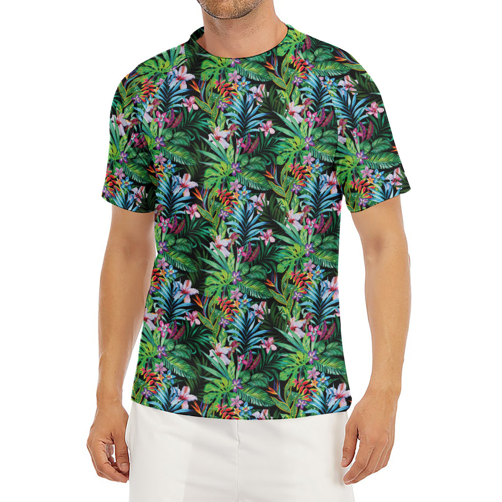 Tropical Palm And Hibiscus Print Men's Short Sleeve Rash Guard