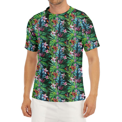 Tropical Palm And Hibiscus Print Men's Short Sleeve Rash Guard
