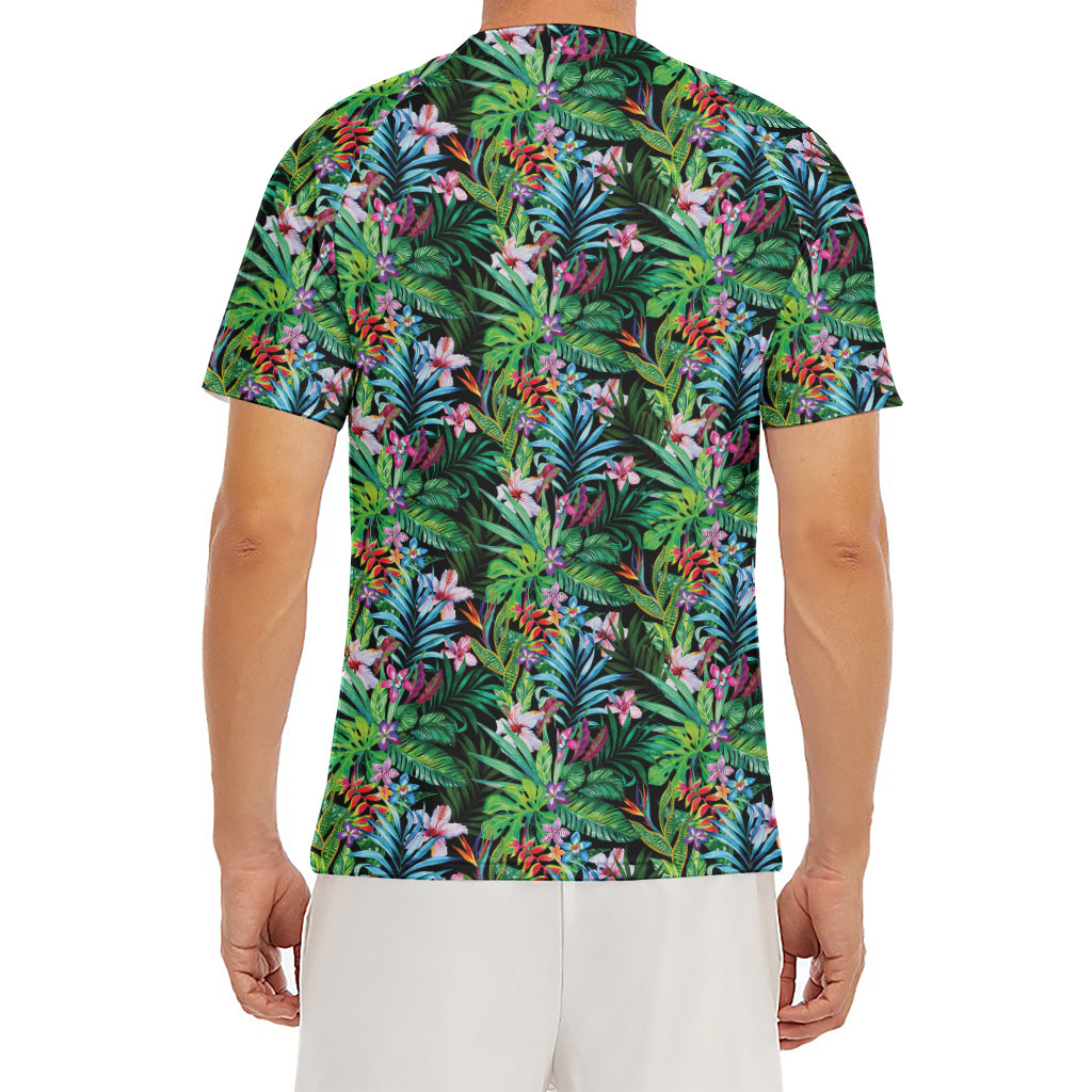 Tropical Palm And Hibiscus Print Men's Short Sleeve Rash Guard