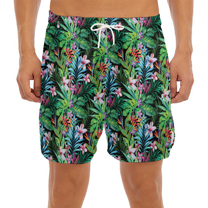 Tropical Palm And Hibiscus Print Men's Split Running Shorts