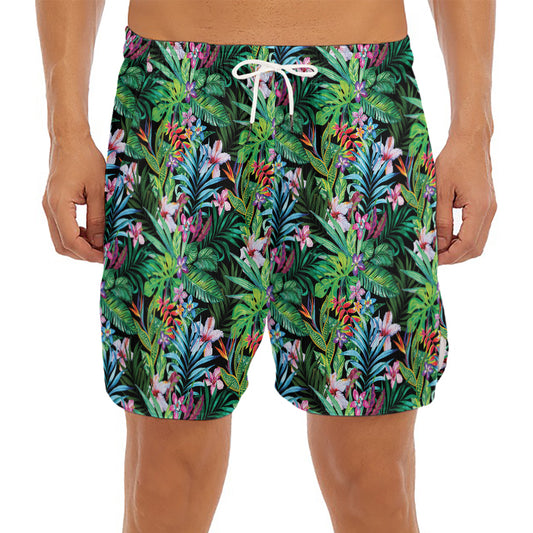 Tropical Palm And Hibiscus Print Men's Split Running Shorts