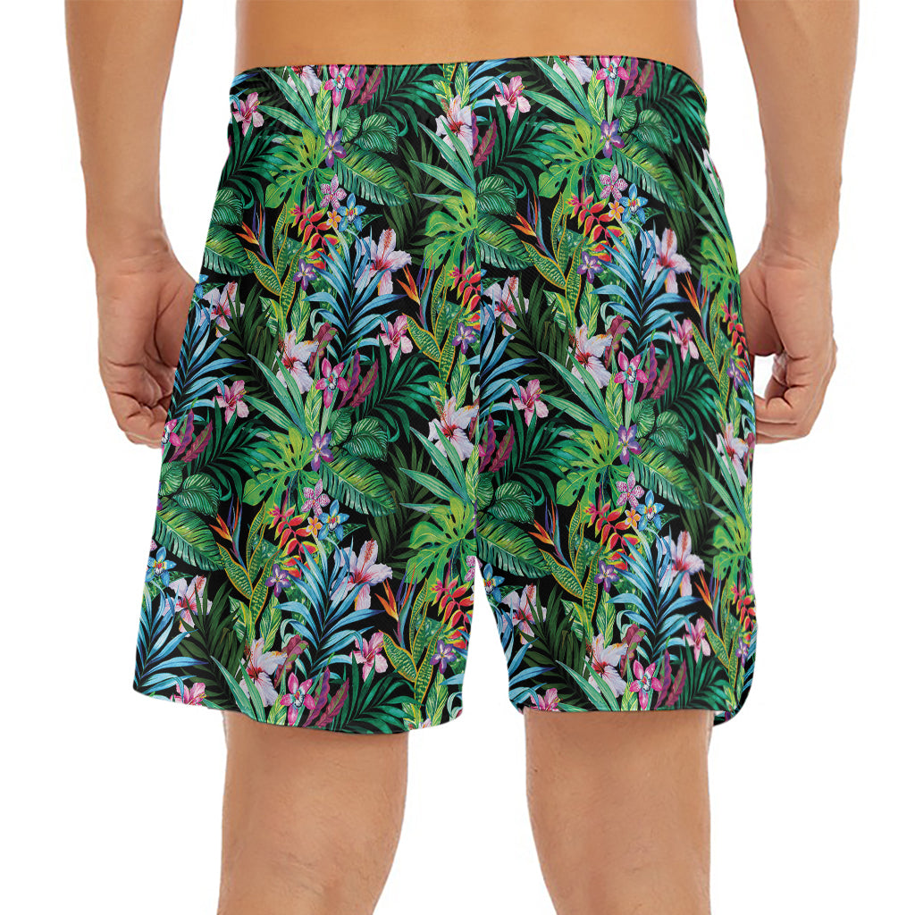 Tropical Palm And Hibiscus Print Men's Split Running Shorts