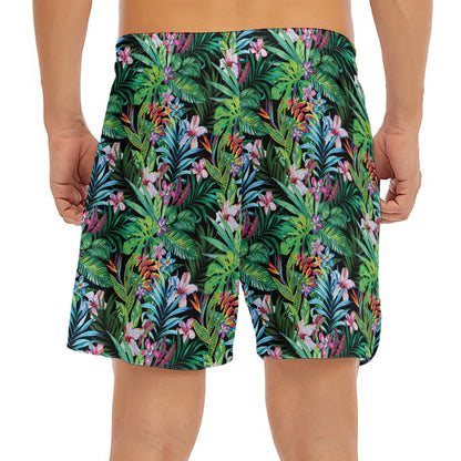 Tropical Palm And Hibiscus Print Men's Split Running Shorts