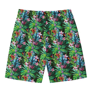 Tropical Palm And Hibiscus Print Men's Swim Trunks