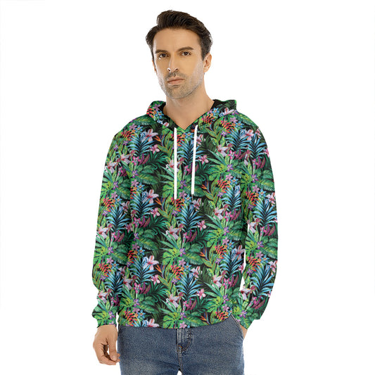 Tropical Palm And Hibiscus Print Men's Velvet Pullover Hoodie