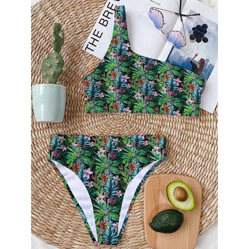Tropical Palm And Hibiscus Print One Shoulder Bikini Top