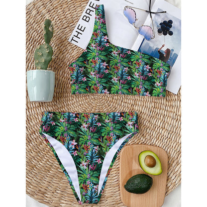 Tropical Palm And Hibiscus Print One Shoulder Bikini Top