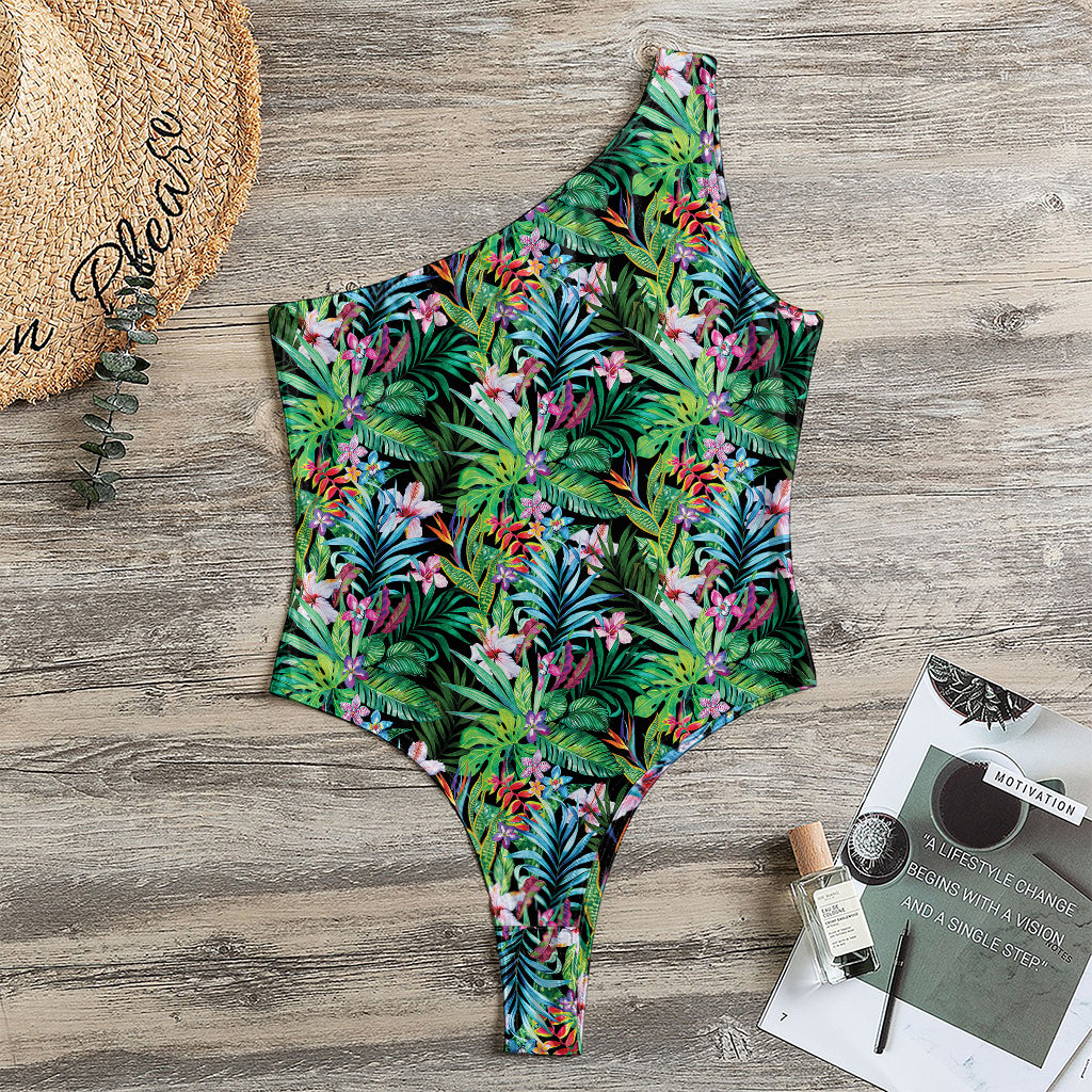 Tropical Palm And Hibiscus Print One Shoulder Bodysuit